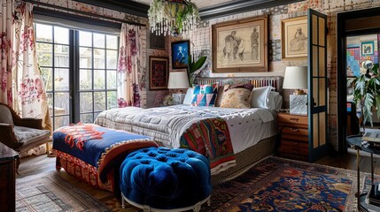 Step into a world of maximalist magic: a vibrant bedroom brimming with patterns, textures, and vintage charm. - obrazy, fototapety, plakaty