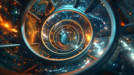 Capture the essence of time dilation in space journeys through a high-angle view Show the personal and societal impact in a thought-provoking design that intrigues and educates