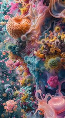 Capture the essence of cellular functions in a stunning panoramic view, blending artistry with scientific accuracy Showcase the beauty and complexity of microorganisms while highlighting their essenti