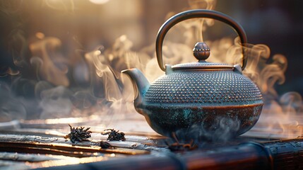 Capture the essence of serenity and mindfulness in a design featuring a teapot from a worms-eye view Visualize the tea brewing process as a pathway to inner peace