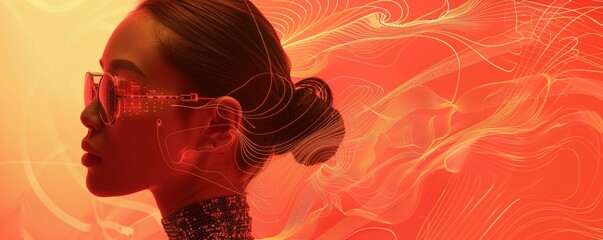 Craft a visually striking graphic that embodies the harmony between technology and fashion from a frontal perspective Imagine a dynamic composition with elements like circuit patterns merging with lux