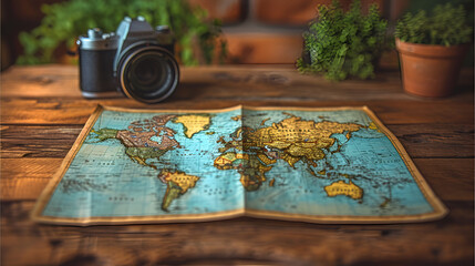 Paper world map unfolded on oak wooden oak table - world map - travel map  - Powered by Adobe