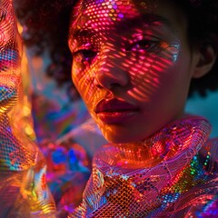 Create a captivating design that captures the essence of a forward-thinking fashion tech fusion Incorporate elements like holographic textures, digital motifs, and avant-garde silhouettes to convey a 