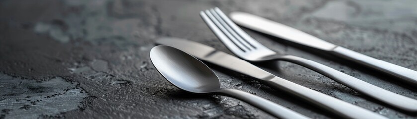 Elevate your cutlery set to new heights by showcasing it from a tilted angle, inviting viewers to immerse themselves in a sensory journey Let the design speak for itself, promising a dining experience - obrazy, fototapety, plakaty