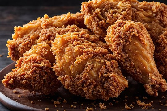 An appetizing close-up shot of crispy chicken, golden and delicious, with a blurred background that enhances its savory appeal and invites the viewer to indulge in its mouthwatering aroma.