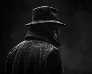 Design a compelling side view graphic for a detective novel cover, with a mysterious silhouette in a trench coat and fedora hat, lurking in the shadows Emphasize a sense of intrigue and suspense - obrazy, fototapety, plakaty