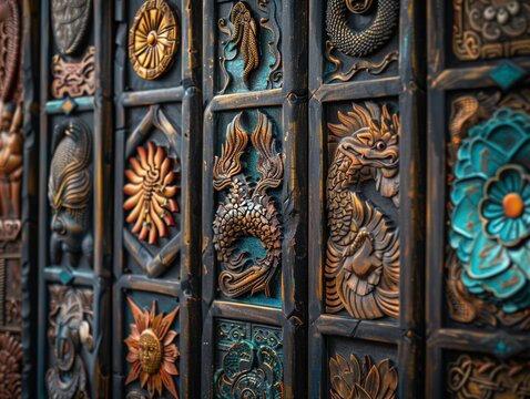 Design a visually captivating image featuring a series of unique, handcrafted doors, each representing a portal to a different reality Emphasize intricate details and use vibrant colors to bring the c