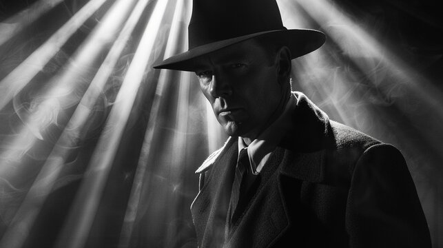 Merge the nostalgia of film noir with the sophistication of todays cinematic visuals Craft a compelling frontal view image that encapsulates the dark glamour and suspenseful storytelling of the past, 
