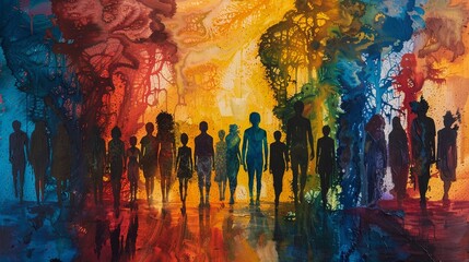 Incorporate a diverse range of silhouettes, each representing a different dimension of human existence, set against a vibrant panoramic landscape The juxtaposition should evoke a sense of interconnect
