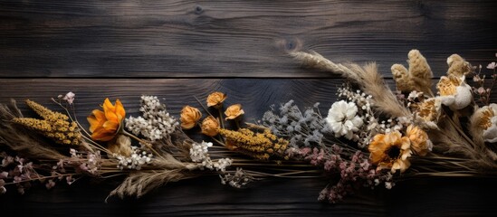 Arrangement of dried botanical elements like flowers and grasses displayed on a rustic wooden...
