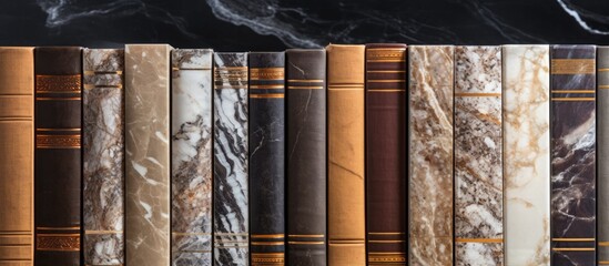 Capture a detailed close-up view of a series of books adorned with luxurious marble-patterned covers - obrazy, fototapety, plakaty