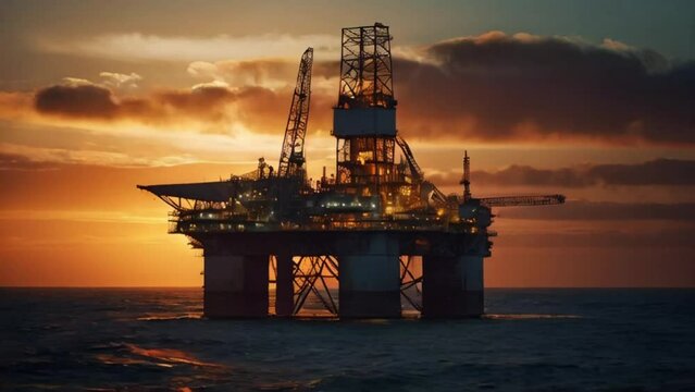 an offshore oil rig with a twilight sky in the background