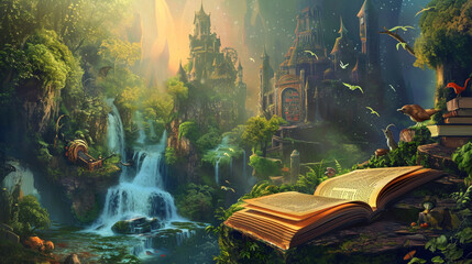 A dusty old forgotten book reveals a fantasy world with waterfalls and talking animal. Generative Ai