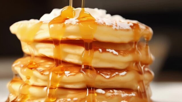 An appetizing closeup shot showcasing a stack of fluffy and golden ermilk pancakes, lavishly topped with a generous pouring of silky maple syrup, a sprinkle of powdered sugar, and a pat