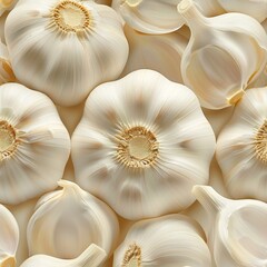 Detailed seamless pattern of realistic fresh garlic in a close up view for versatile design purposes