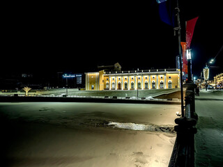 night view of the Philharmonic Hall in winter in Chelyabinsk