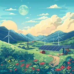Renewable Energy Revolution: Illustration of solar panels and wind turbines symbolizing the transition to clean sustainable power sources.