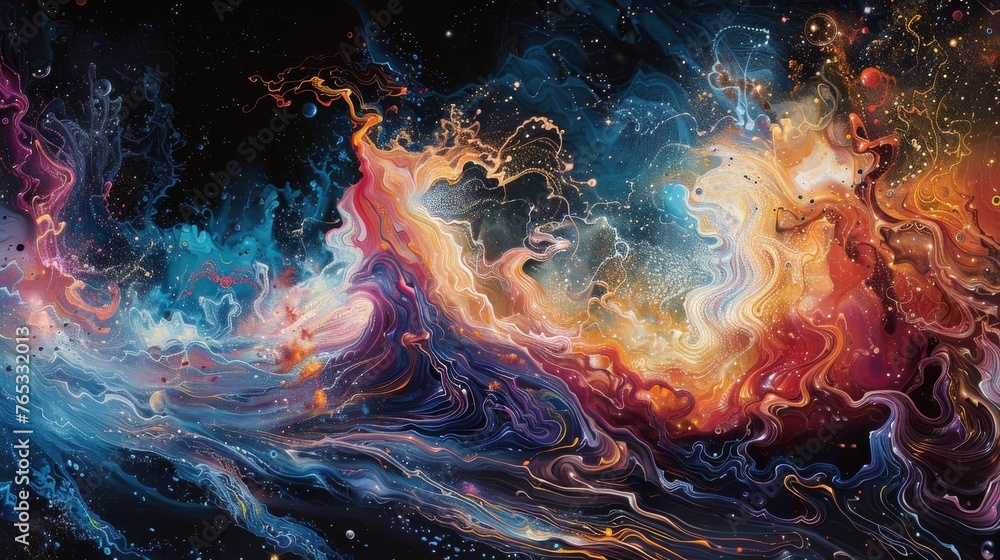 Poster surreal abstract composition merging the intrigue of a thriller with the cosmic wonder of a space od