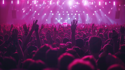 crowd of people dancing at concert, A high-energy and vibrant music festival crowd with hands raised and lights flashing