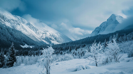 Fototapeta na wymiar Fantastic Winter Epic Magical Landscape of Mountains. Frozen nature. Generative Ai