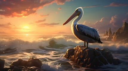 Graceful Pelican: Majestic Bird Perched on a Rocky Outcrop Amidst Flowing River Waters, Captivating Natural Beauty and Serenity - obrazy, fototapety, plakaty
