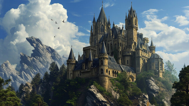 Castle Mountain with Fantastic, Realistic and Futuristic Style. Generative Ai