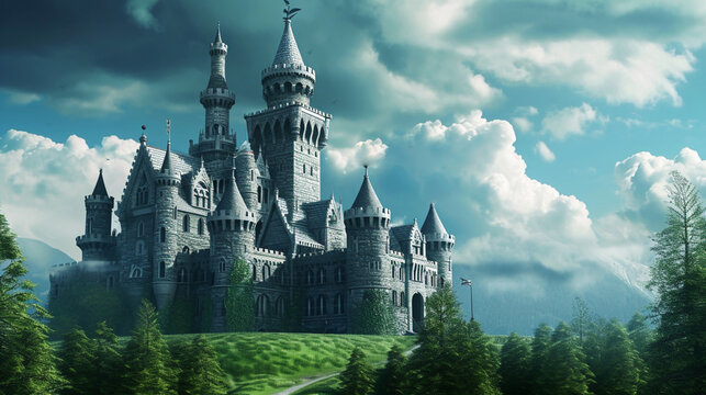 Fototapeta painting castle fantasy forest adventure. Generative Ai