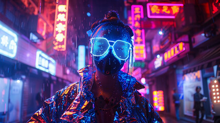 Person with glowing glasses in neon-lit street, a fusion of cyberpunk culture and urban nightlife.