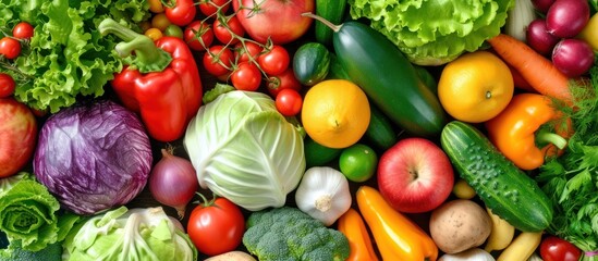 Background of a variety of fresh fruit and vegetables. Diet and healthy food menu