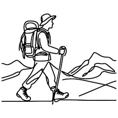 one continues black line drawing hiking man with back page at mountain landscape forest outline doodle vector illustration on white background