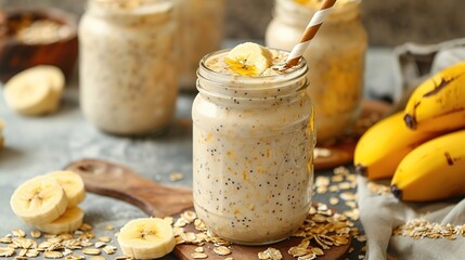 Vegan banana and oatmeal smoothie in glass jar on the light background. Healthy food