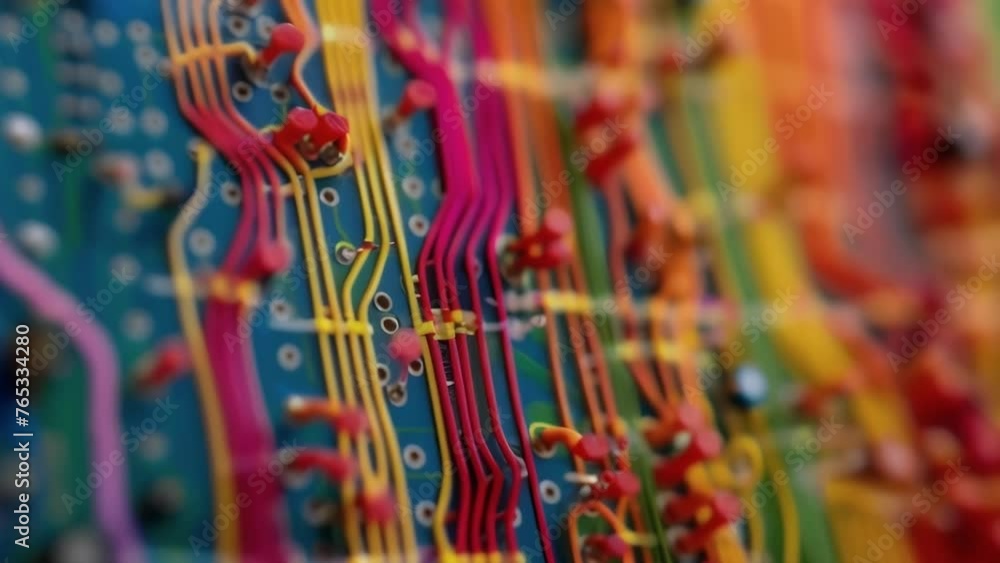 Poster a section of a breadboard with colorful wires of varying thickness connecting different components d