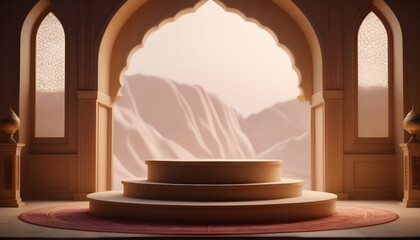 3D rendering of Ramadan Kareem background with podium for product display