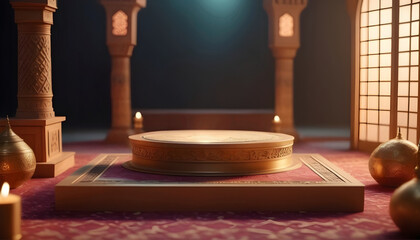 3D rendering of Ramadan Kareem background with podium for product display