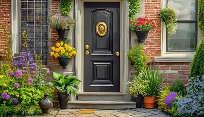 entrance to the house, A black front door of a house adorned with potted plants of various colors and sizes. The door has a brass knob and a peephole. The house has a brick wall and a window with curt - obrazy, fototapety, plakaty