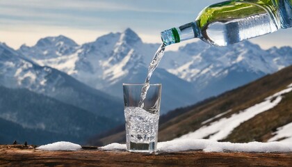 Naklejka na ściany i meble Bottle and glass of pouring crystal water against blurred nature snow mountain landscape background. Organic pure natural water. Healthy refreshing drink.