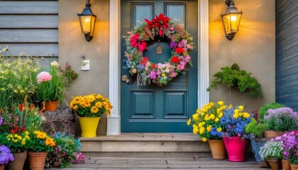 Fototapeta na wymiar Home front door exterior with colorful potted flowers and wreath