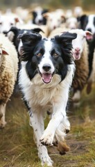 Border collie pup herding sheep in lush green field, displaying intelligence and agility