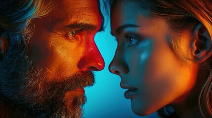 Naklejka premium Pop art-style close-up showing a father and daughter, with clashing colors that hint at underlying conflict