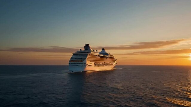 a cruise ship sailing in the middle of the sea in the late afternoon with the sunset in the background
