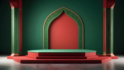 3d rendering of elegant red and green product display podium