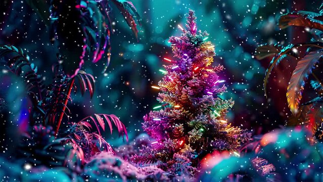 Christmas tree. Neon Christmas lights. Falling snowflakes. Falling snowflakes effect. Noel. Loop. The concept of Christmas and New Year holidays. Looped snow. Generative AI.