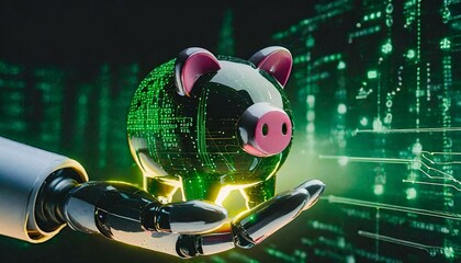 The illustration of an Artificial Intelligence hand in humanoid shape and a pig piggy bank. Making money with Artificial Intelligence or Making money with digital means.
