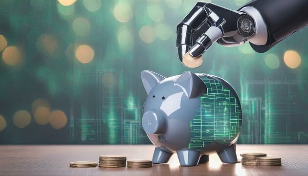 The illustration of an Artificial Intelligence hand in humanoid shape and a pig piggy bank. Making money with Artificial Intelligence or Making money with digital means.
