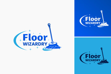 Floor Wizard Dry Floor Mop Logo: A vibrant design featuring a wizard's hat atop a mop. Ideal for cleaning product brands, janitorial services, or home improvement stores.
