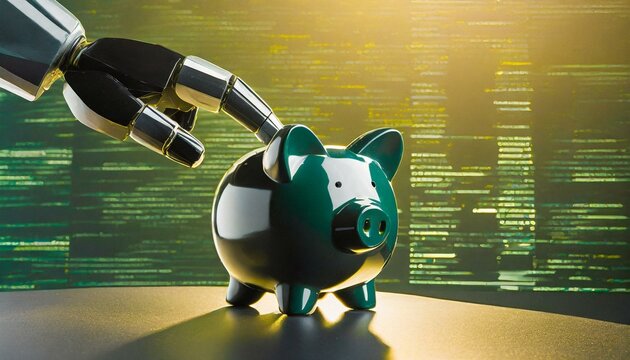 The illustration of an Artificial Intelligence hand in humanoid shape and a pig piggy bank. Making money with Artificial Intelligence or Making money with digital means.
