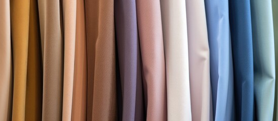 A detailed view of a range of multicolored fabrics hanging neatly on a stand