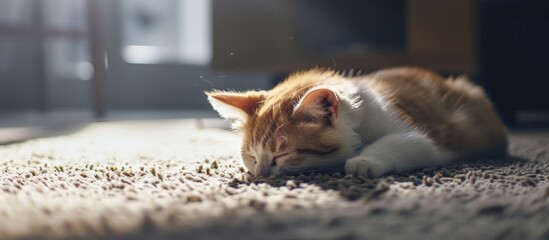 cute cat is sleeping on the carpet on the floor of the house