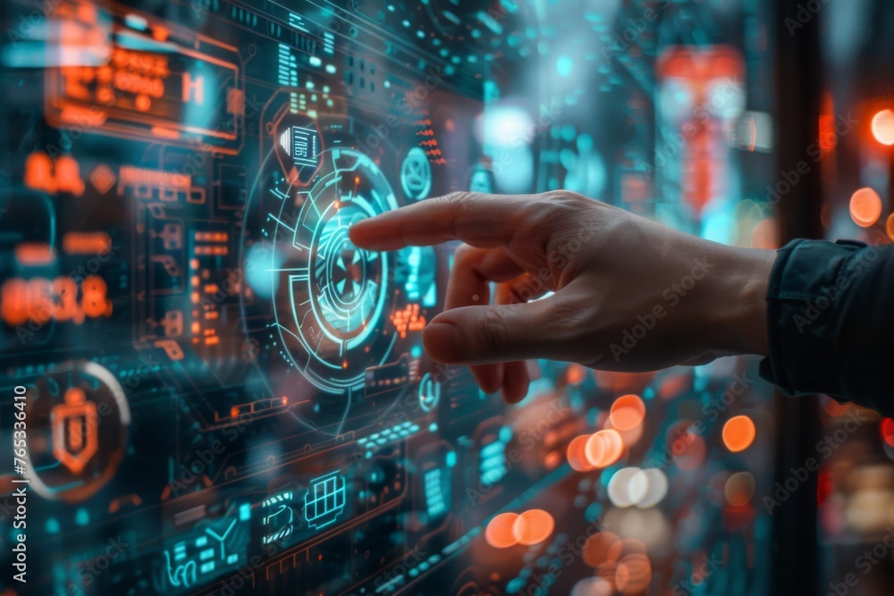 Poster hand interacting with futuristic interface - a human hand reaches towards a futuristic holographic d