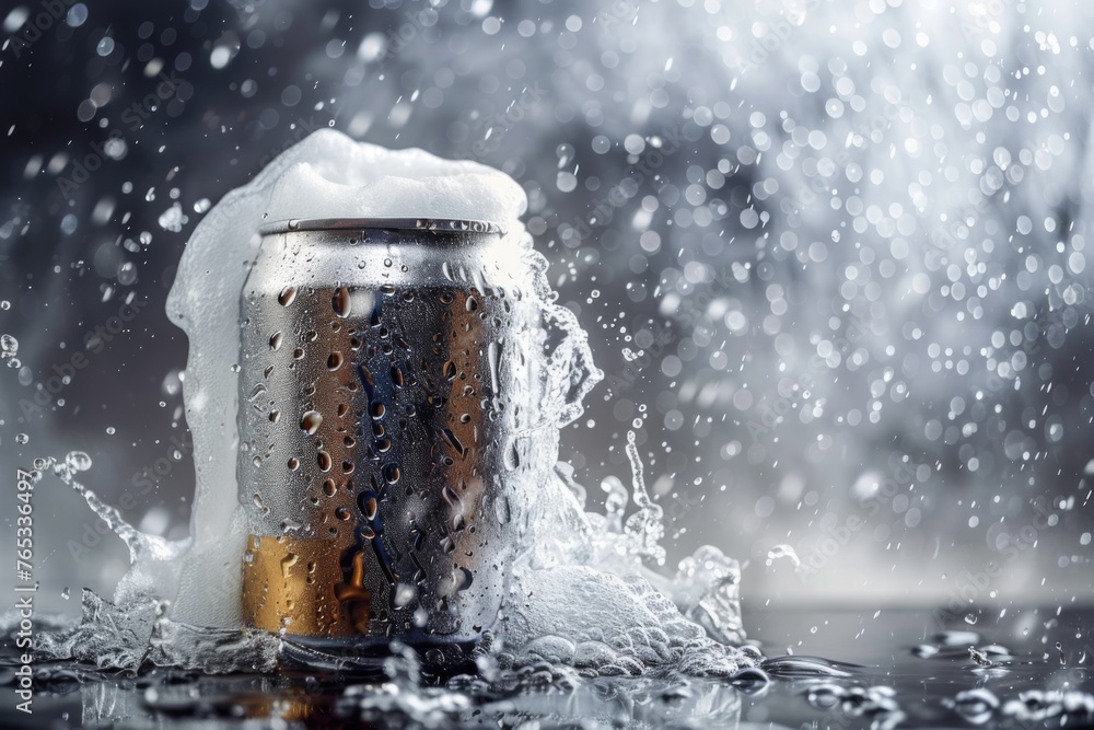 Poster chilled beer can splashed with water droplets - a refreshing cold beer can with splashing water and 